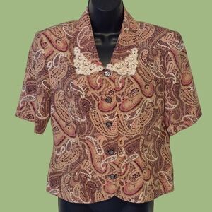 Leslie Fay Paisley Short Sleeve Blouse Medium